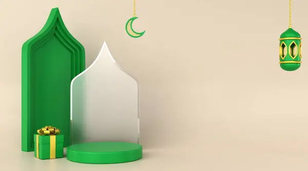 3D yeşil altın sarısı İslami podyum arka planı. 3 Boyutlu Hazırlama.