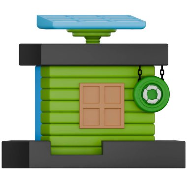 3D geri dönüşüm ofisi ve güneş paneli. Ön görünüm 3d görüntüleme gösterimi sürdürülebilirlik temalı beyaz arkaplan üzerinde izole edildi.