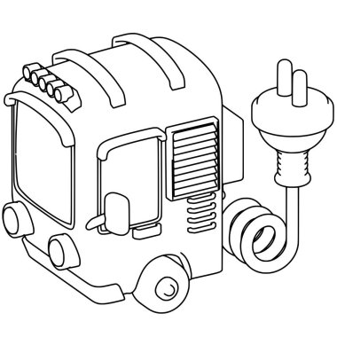 Elektrik prizi sanatı olan yeşil bir kamyon. Sürdürülebilirlik temalı ve çizgi sanatı tarzında vektör illüstrasyonu.