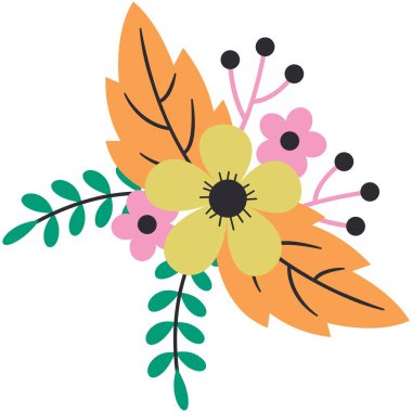 Çiçek buketi çizimi. Çiçek temalı renkli düz vektör çizimi.