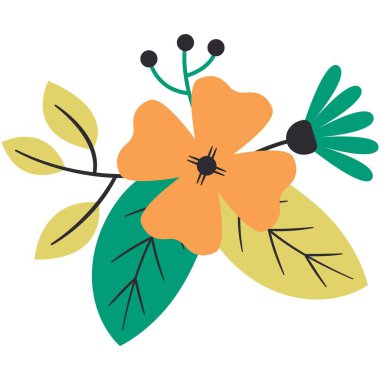 Çiçek buketi çizimi. Çiçek temalı renkli düz vektör çizimi.