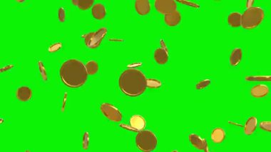 3D altın sikkeler yağmur yeşil ekran ve aynı uzunlukta döngü canlandırma video.
