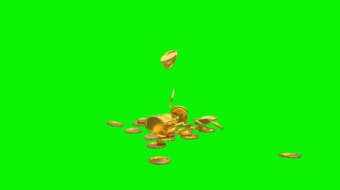 3D altın sikkeler yağmur yığınını yeşil ekrana yığar ve aynı uzunlukta animasyon videosunu kaplar.