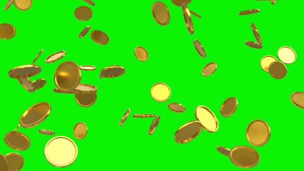 Gouden Munten Regen Groen Scherm Overlay Animatie Video Met Dezelfde — Stockvideo