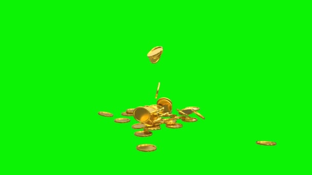 Monedas Oro Pila Lluvia Suelo Pantalla Verde Vídeo Animación Superposición — Vídeos de Stock