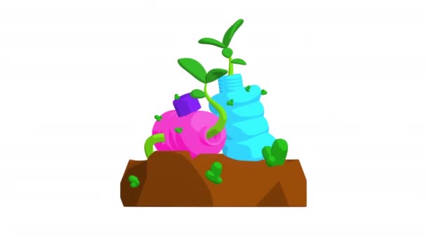 Cartoon Φυτά Αναπτύσσονται Μέσα Από Πλαστικά Μπουκάλια Κυμαινόμενο Animation Θέμα — Αρχείο Βίντεο