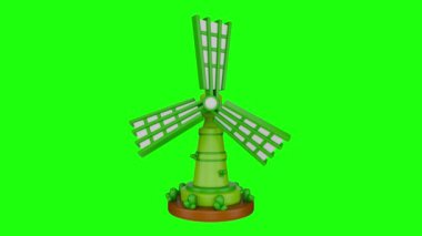 Yeşil ekranda sürdürülebilirlik temalı üç boyutlu yeşil yel değirmeni animasyonu, beyaz arkaplan, üst üste bindirme ve alfa mat klipleri aynı uzunlukta. 3d hazırlayıcı.