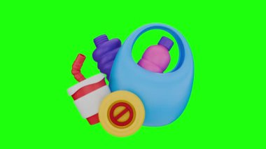 3D yüzen plastik animasyon yok sürdürülebilirlik temalı döngüler yeşil ekranda, beyaz arka planda, üst üste ve alfa mat klipleri aynı uzunlukta. 3d hazırlayıcı.