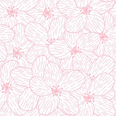 Kiraz çiçeği çizgisi kusursuz bir desen çiziyor. Arka planlar, duvar kağıtları, kumaşlar, tekstil, ambalaj kağıtları, basılı materyaller ve daha fazlası için uygundur..