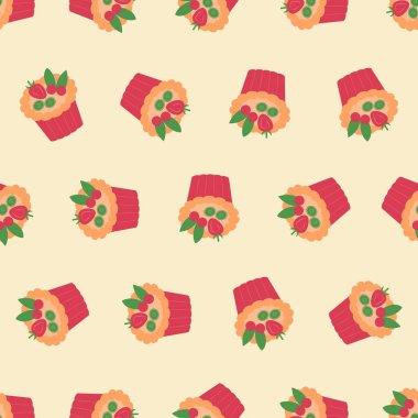 Meyveli tart desenli. Arka planlar, duvar kağıtları, kumaşlar, tekstil, ambalaj kağıtları, basılı materyaller ve daha fazlası için uygundur..