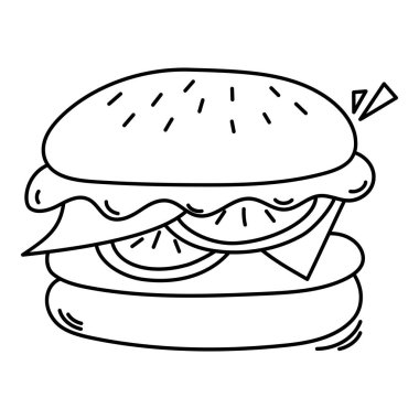 Doodle Burger çizgisi sanat öğesi. Yemek temalı vektör ögesi ve karalama el çizimi tarzı. Görüntü.