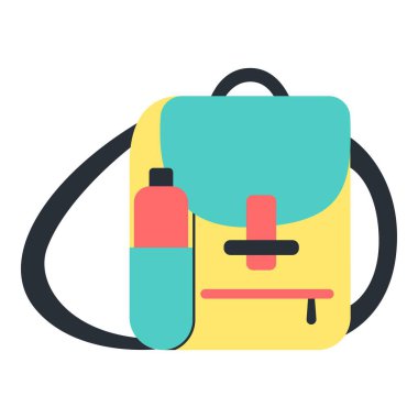 Seyahat çantası seyahat elemanı. Seyahat temalı ve düz vektör biçimli vektör illüstrasyonu.