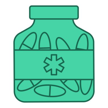 Düz çizgi ilaç şişesi. Sağlık temalı ve düz çizgi vektör biçimli vektör illüstrasyonu. Düzenlenebilir vektör ögesi.
