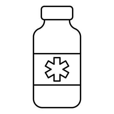 İlaç şişesi serisi sanatı. Sağlık hizmeti temalı vektör illüstrasyonu ve çizgi sanat vektör biçimi. Düzenlenebilir vektör ögesi.