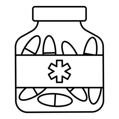 İlaç şişesi serisi sanatı. Sağlık hizmeti temalı vektör illüstrasyonu ve çizgi sanat vektör biçimi. Düzenlenebilir vektör ögesi.