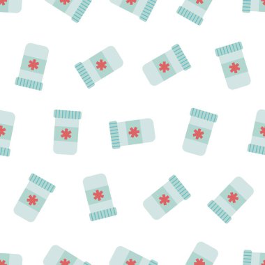 İlaç şişesi dikişsiz desen. Arka planlar, duvar kağıtları, kumaşlar, tekstil, ambalaj kağıtları, basılı malzemeler ve daha fazlası için uygun. Düzenlenebilir vektör.