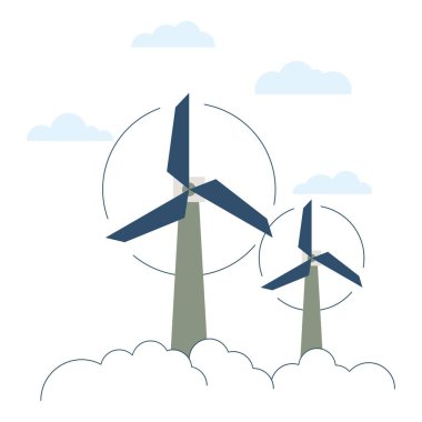 Bulutlarda rüzgar türbinleri. Alternatif enerji kaynağı. Yenilenebilir enerji temalı düz stil vektör illüstrasyonu. Düzenlenebilir vektör illüstrasyonu.