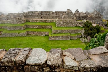 Machu Picchu 'daki antik harabelerin ve tarım teraslarının manzarası 