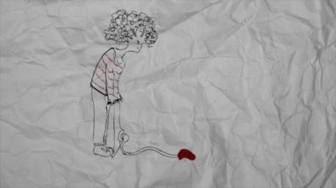 Animated video of a boy inflating a heart-shaped balloon on white paper background 
