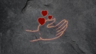 Animation video neon glow hand and heart icon moving on stone wall background, video for valentine's day