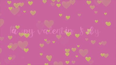 Happy valentine's day text animation video with small heart gold logo texture on pink background