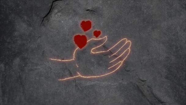 Animation Video Neon Glow Hand Heart Icon Moving Stone Wall — Stockvideo