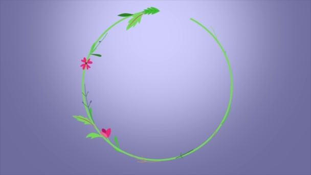 3Dテキストロゴ 花の輪アニメーション 紫のライラックの背景を持つ最初の春の日のアニメーションビデオ — ストック動画