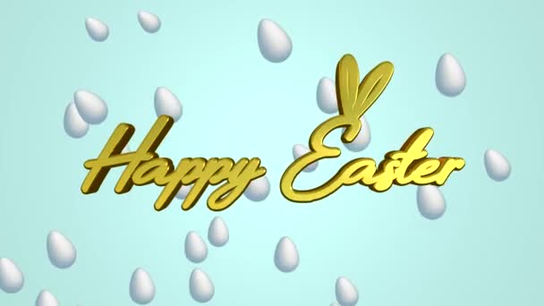 关于快乐的东方的动画视频 蓝色背景的蛋在3D文字黄金中向上移动 — 图库视频影像