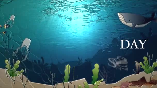 关于世界海洋日的动画视频 有2D的文字白色 — 图库视频影像