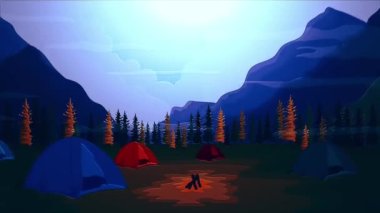 Meadow 'da kamp kuran animasyon videosu, düz çizgi film tarzında iniş sayfası.
