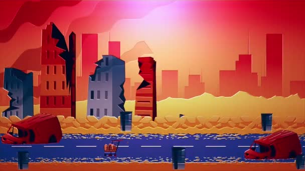 Анімаційне Відео Зруйнованих Будівель Міській Вулиці Після Війни Або Природної — стокове відео