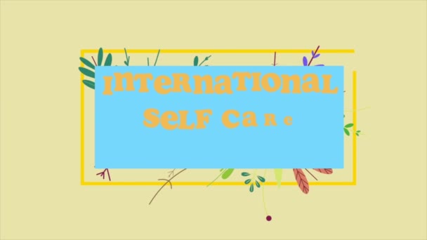 Animatie Video Internationale Zelfverzorging Met Bloem Tekst Gele Achtergrond — Stockvideo