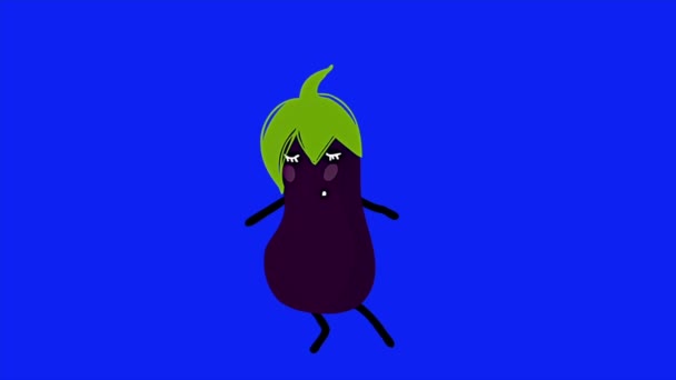 Animatie Lus Video Voedsel Cartoon Aubergine Blauw Scherm Achtergrond — Stockvideo