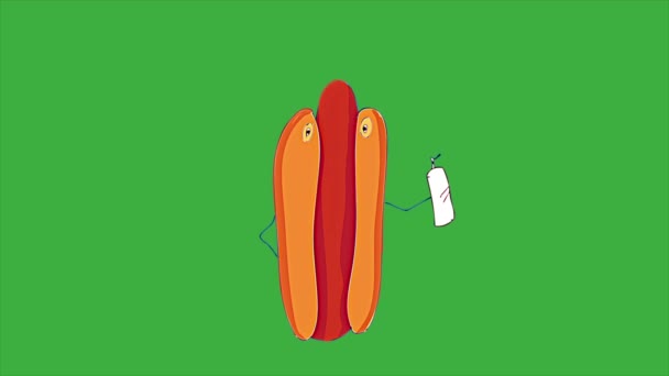 Animace Smyčka Video Jídlo Karikatura Hot Dog Zeleném Pozadí Obrazovky — Stock video