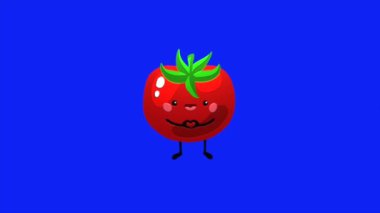 Mavi ekranda hareket eden domatesin animasyon döngüsü videosu, video düzenleme yazılımınızdaki mavi ekran arkaplanını kaldırın