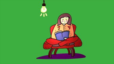 Yeşil ekran arka planında yanan bir ışık eşliğinde oturan ve kitap okuyan bir kadının video animasyon karikatürü
