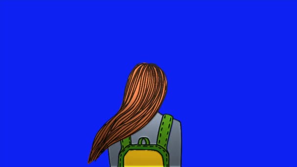 後ろから見た女性のアニメーションビデオループ 風の青い画面の背景に移動する彼女の髪 — ストック動画