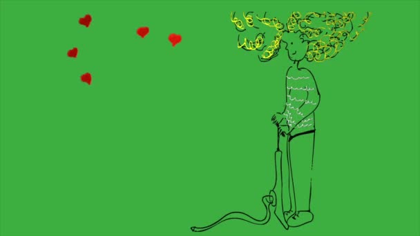 Цикл Анимации Мультфильм Мальчик Нагревает Сердце Форма Воздушного Шара Зеленом — стоковое видео