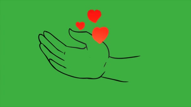 Smyčka Kreslený Video Animace Ruka Pohybuje Produkovat Logo Srdce Zeleném — Stock video