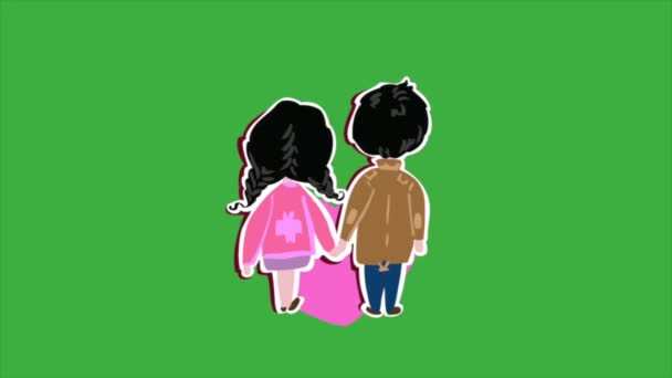 Loop Video Animation Cartoon Couple Holding Hands Facing Backwards Green — Stock Video