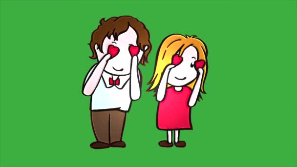 一对夫妇带着心脏标识 然后在绿色屏幕背景上的循环视频动画 — 图库视频影像