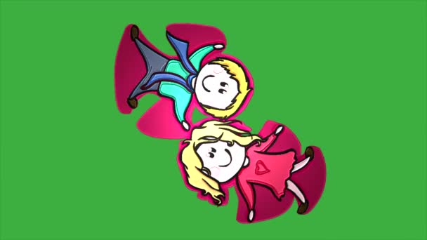 Цикл Анимации Мультфильма Пара Лежит Выглядит Счастливым Зеленом Фоне Экрана — стоковое видео
