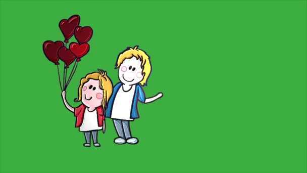 Кольцевая Анимация Счастливой Пары Женщина Партнер Держит Воздушный Шар Зеленом — стоковое видео