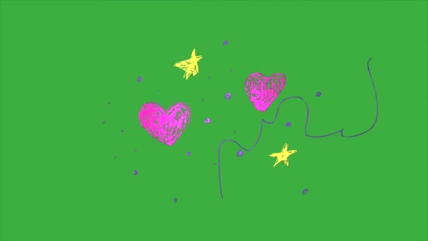 Yeşil Ekran Arkaplanındaki Kalpler Yıldızlar Çizgilerin Soyut Canlandırılmış Video Döngüsü — Stok video