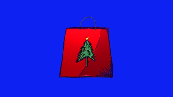 Κινούμενο Σχέδιο Μιας Χάρτινης Τσάντας Ένα Μοτίβο Χριστουγεννιάτικου Δέντρου Μπλε — Αρχείο Βίντεο