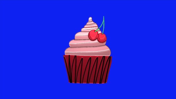 Rajzfilm Videó Animáció Egy Eper Ízesítésű Torta Cseresznye Dekoráció Kék — Stock videók