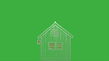 Yeşil ekran arka planında bir evin video animasyon karikatürünü döndür.