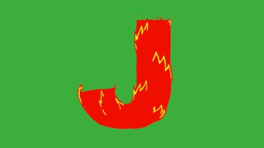 Yeşil ekran arka planında ateş alfabesi harflerinin çizgi film animasyonu video döngüsü