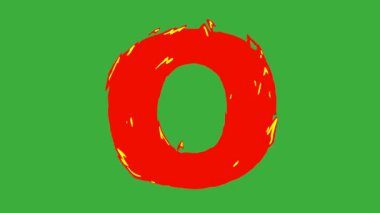 Yeşil ekran arka planında ateş alfabesi harflerinin çizgi film animasyonu video döngüsü