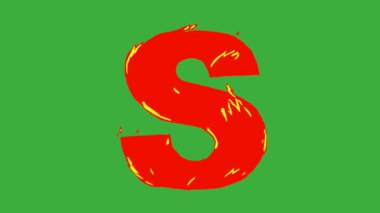 Yeşil ekran arka planında ateş alfabesi harflerinin çizgi film animasyonu video döngüsü